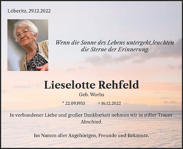 Obituary Lieselotte Rehfeld, Zörbig OT Löberitz
