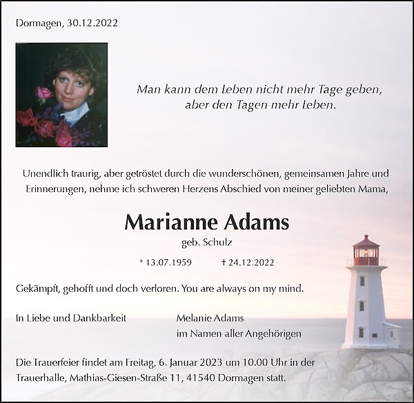 Obituary Marianne Adams, Norden