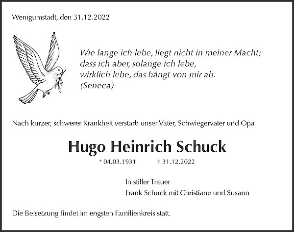 Obituary Hugo Heinrich Schuck, Schaafheim