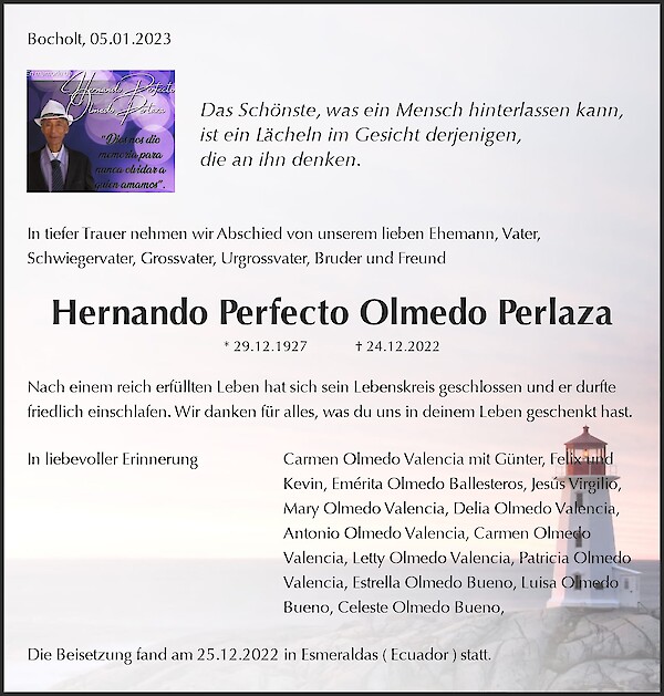 Obituary Hernando Perfecto Olmedo Perlaza, Bocholt