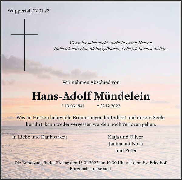 Obituary Hans-Adolf Mündelein, Wuppertal