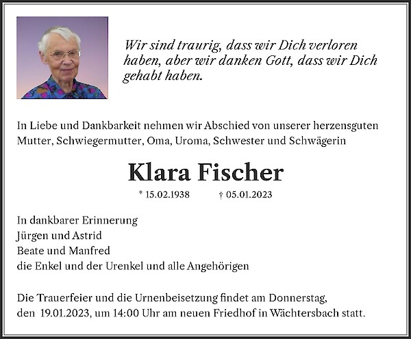 Traueranzeige von Klara Fischer, Wächtersbach
