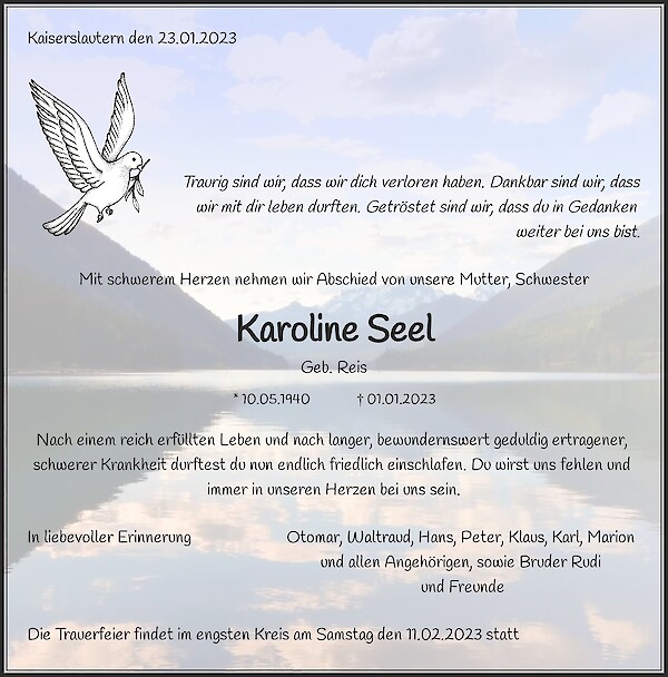 Obituary Karoline Seel, Kaiserslautern