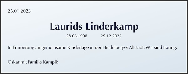 Traueranzeige von Laurids Linderkamp, Heidelberg