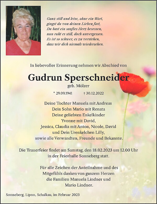 Obituary Gudrun Sperschneider, Sonneberg