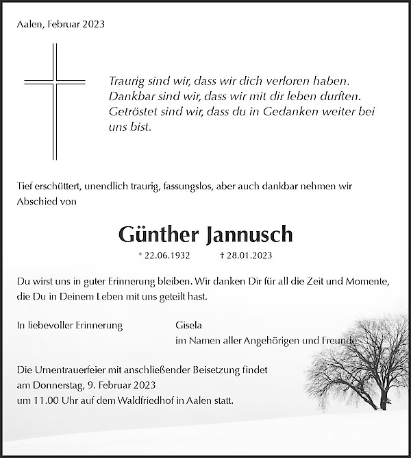 Traueranzeige von Günther Jannusch, Aalen