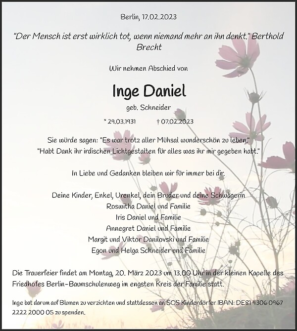 Obituary Inge Daniel, Berlin