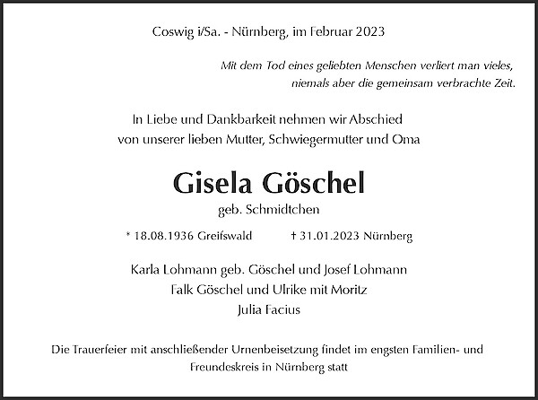 Traueranzeige von Gisela Göschel, Coswig