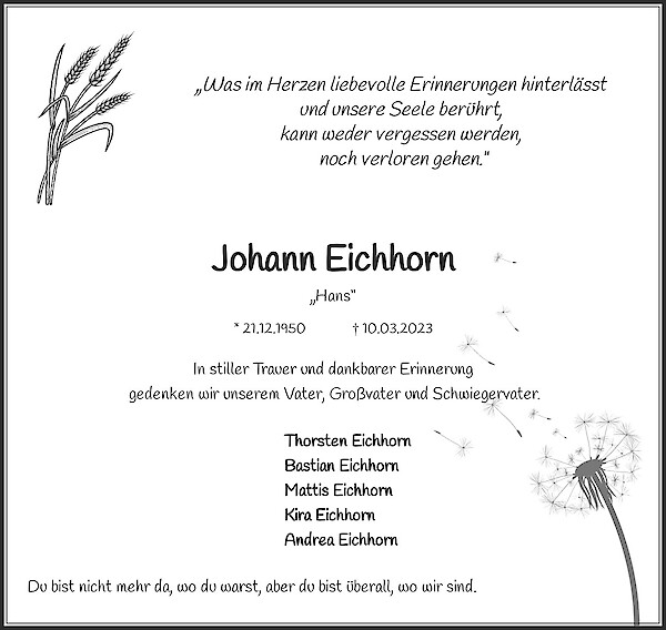 Obituary Johann Eichhorn, Stegaurach