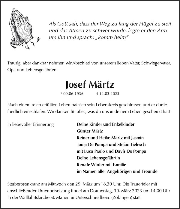 Obituary Josef Märtz, Zöbingen