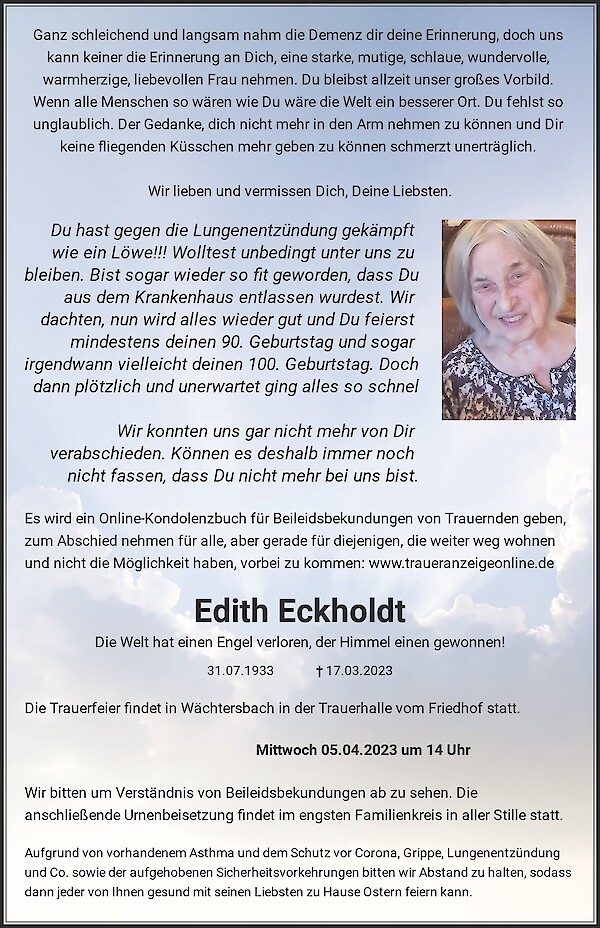 Obituary Edith Eckholdt, Wächtersbach