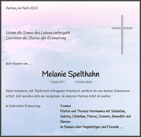 Traueranzeige von Melanie Spelthahn, Aachen/ Würselen