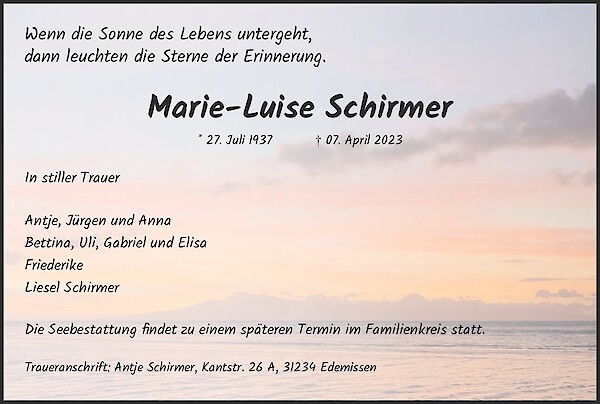 Traueranzeige von Marie-Luise Schirmer