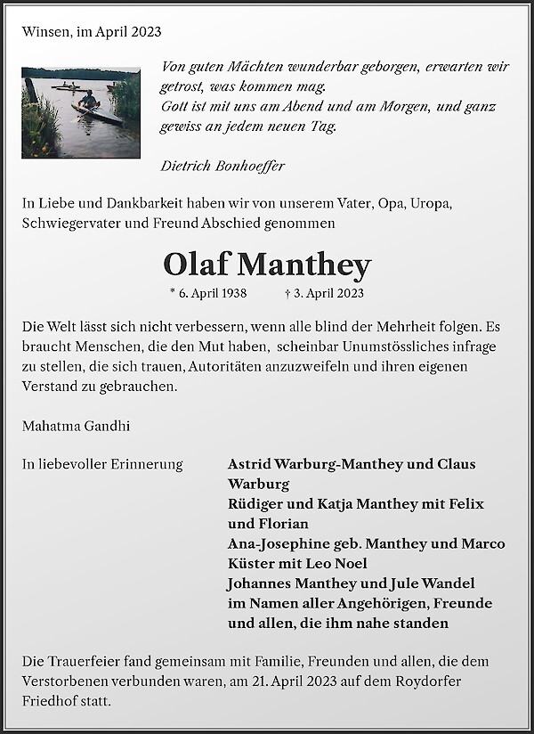 Obituary Olaf Manthey, Winsen/Luhe