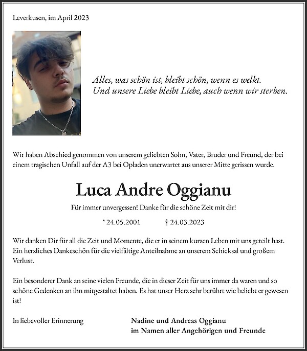 Obituary Luca Andre Oggianu, Leverkusen