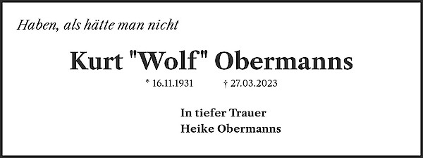 Obituary Kurt "Wolf" Obermanns, München