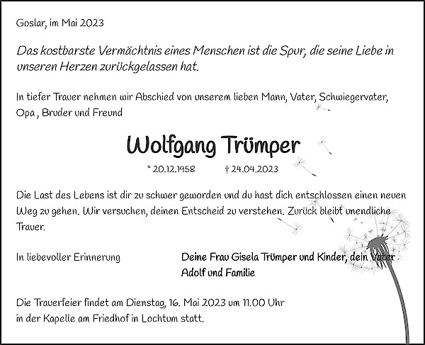 Obituary Wolfgang Trümper, Wülperode