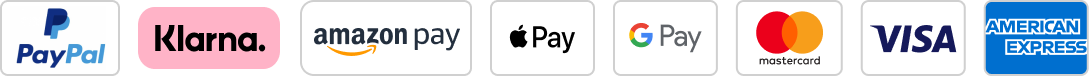 PayPal, Klarna, Amazon Pay, Apple Pay, Google Pay, Mastercard, Visa, American Express